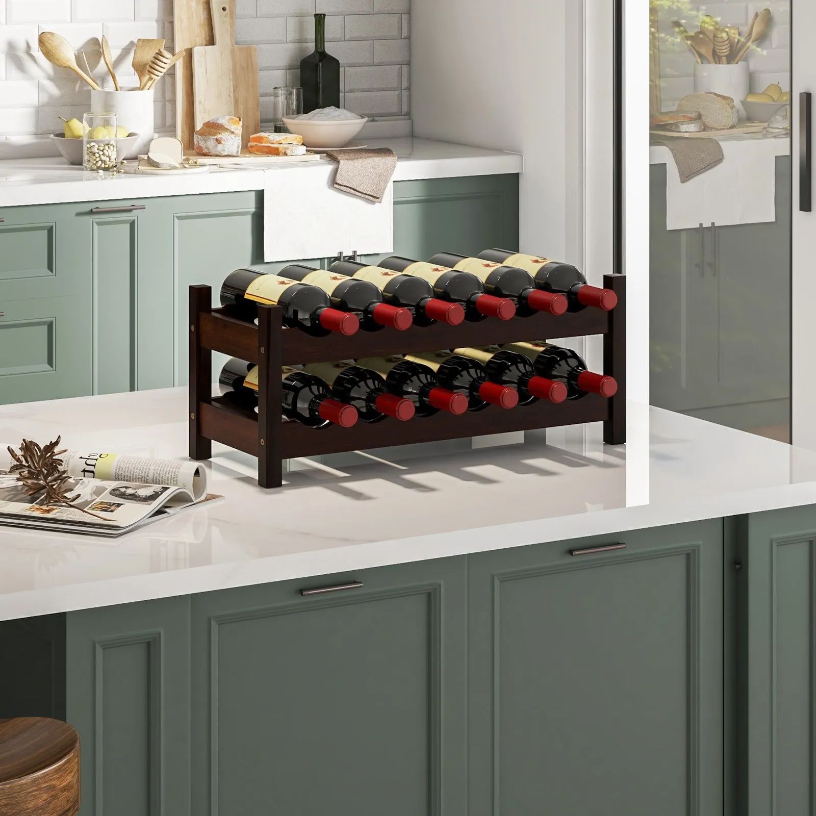 12 Bottle 2-Tier Wine Rack for Kitchen-Coffee