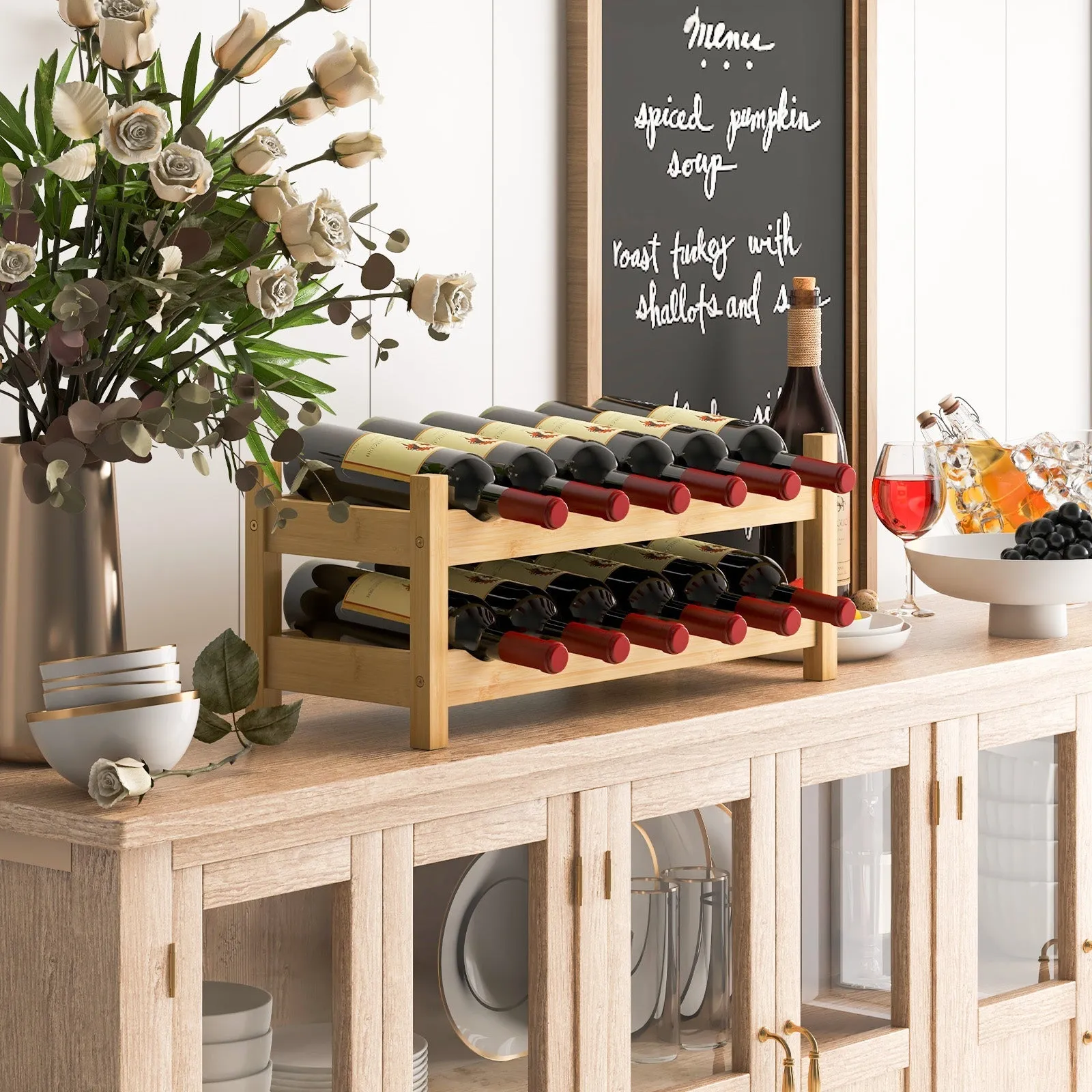 12 Bottle 2-Tier Wine Rack for Kitchen-Natural