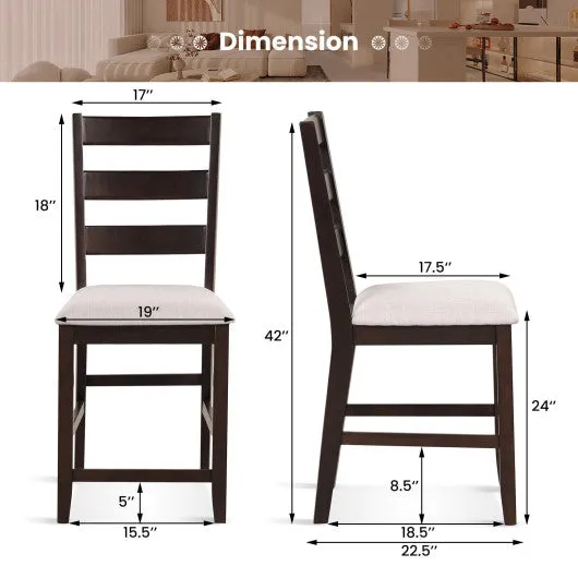 2 Piece Counter Height Bar Stool Set with Padded Seat and Rubber Wood Legs-Beige