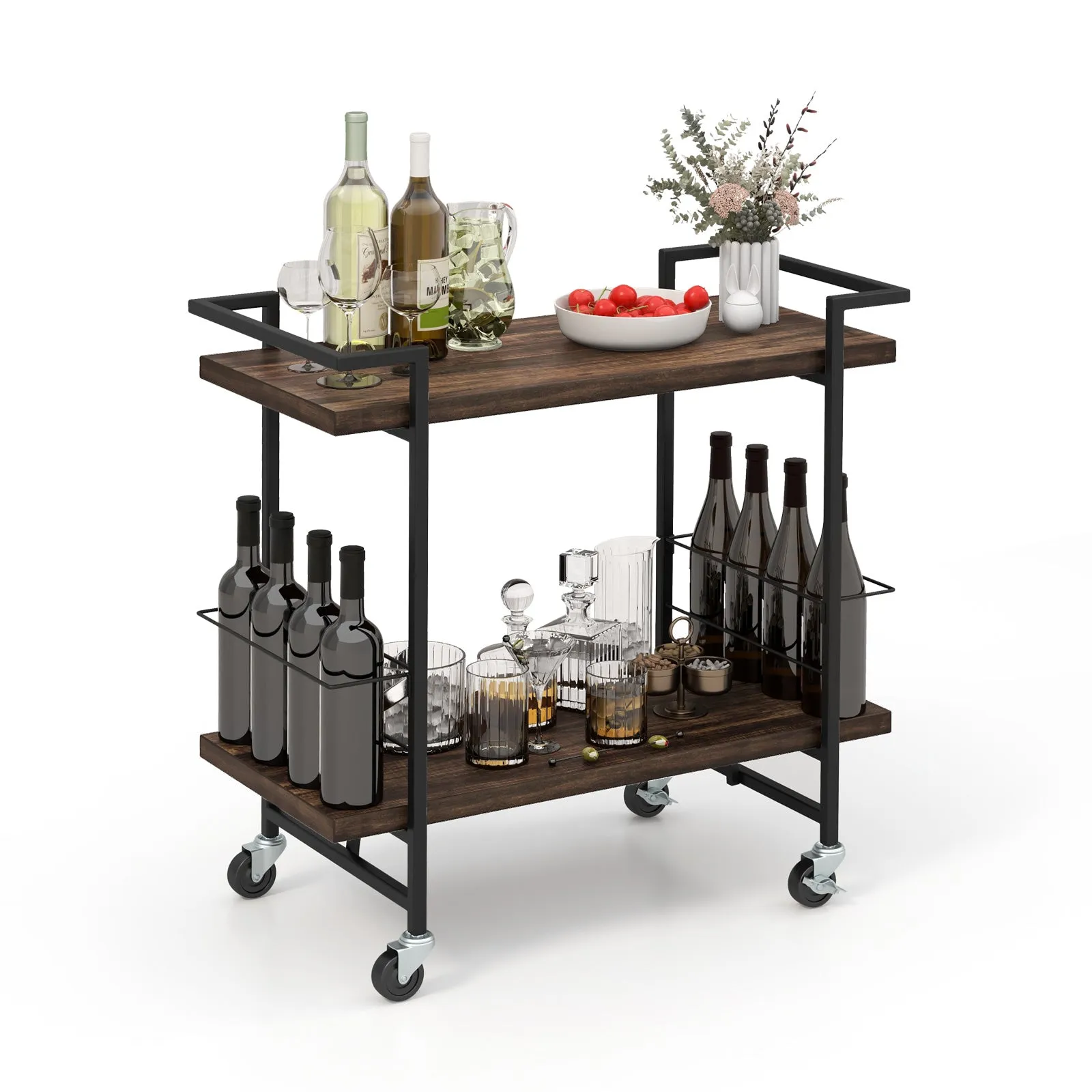 2-tier Home Bar Cart with Lockable Wheels and Guardrail-Rustic Brown