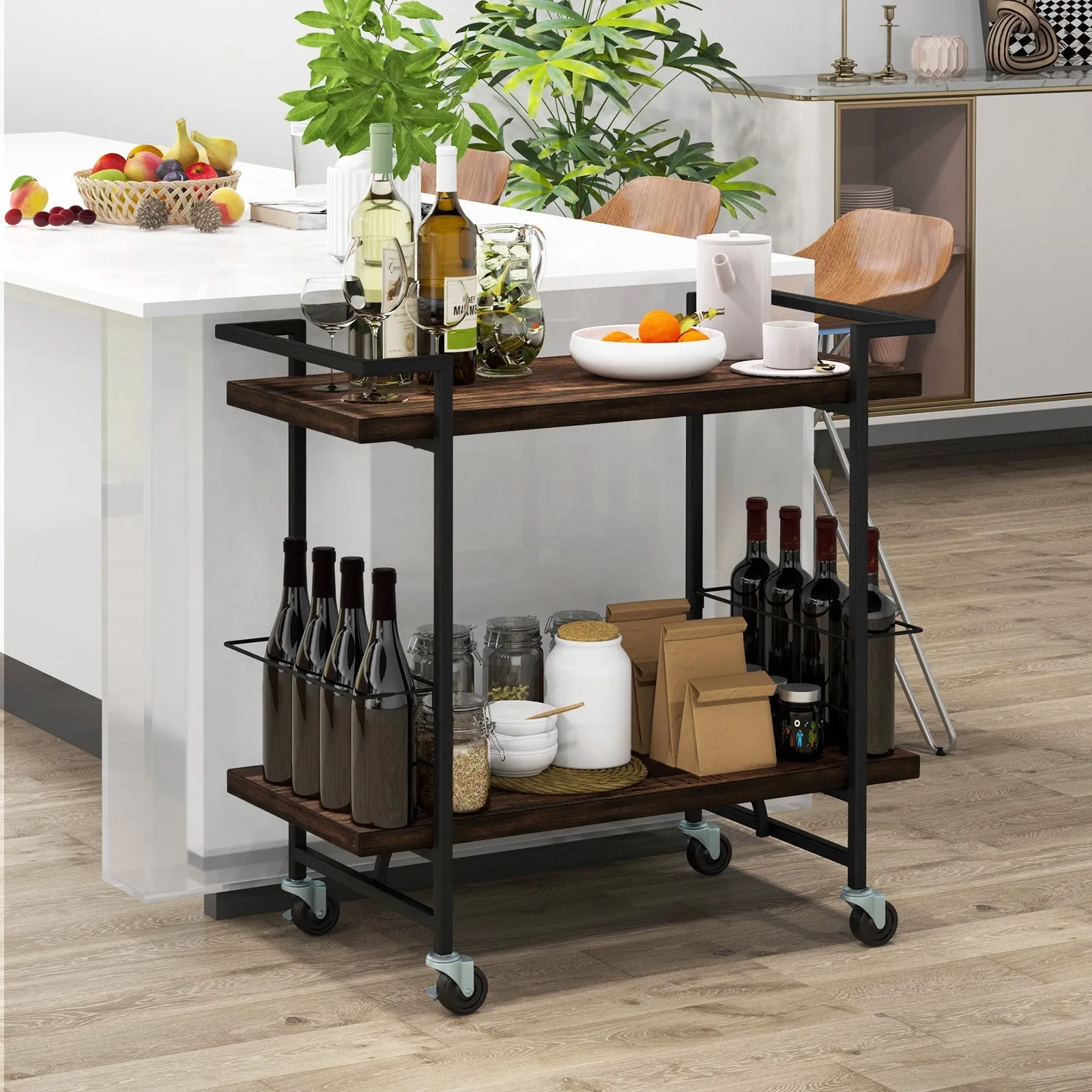 2-tier Home Bar Cart with Lockable Wheels and Guardrail-Rustic Brown