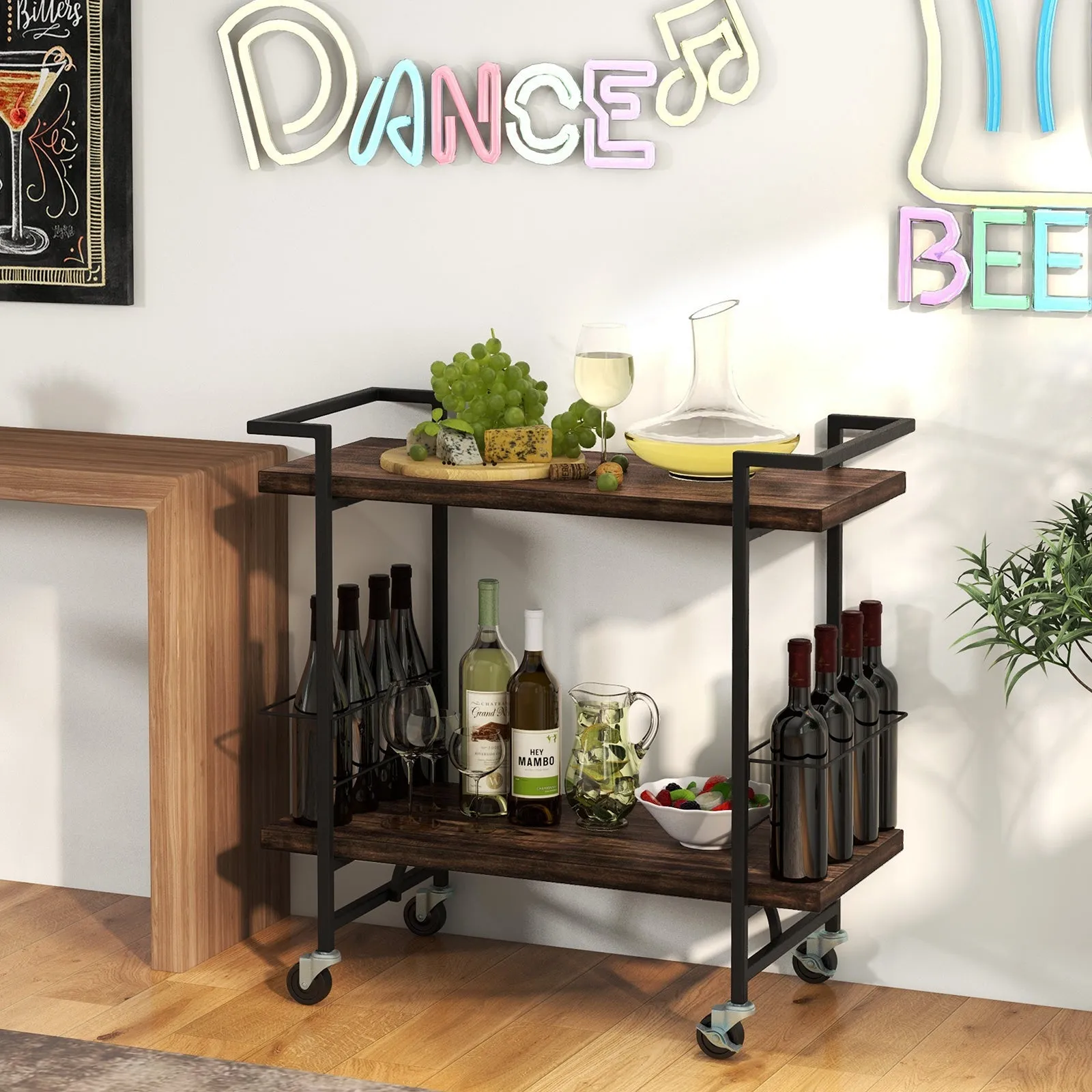 2-tier Home Bar Cart with Lockable Wheels and Guardrail-Rustic Brown