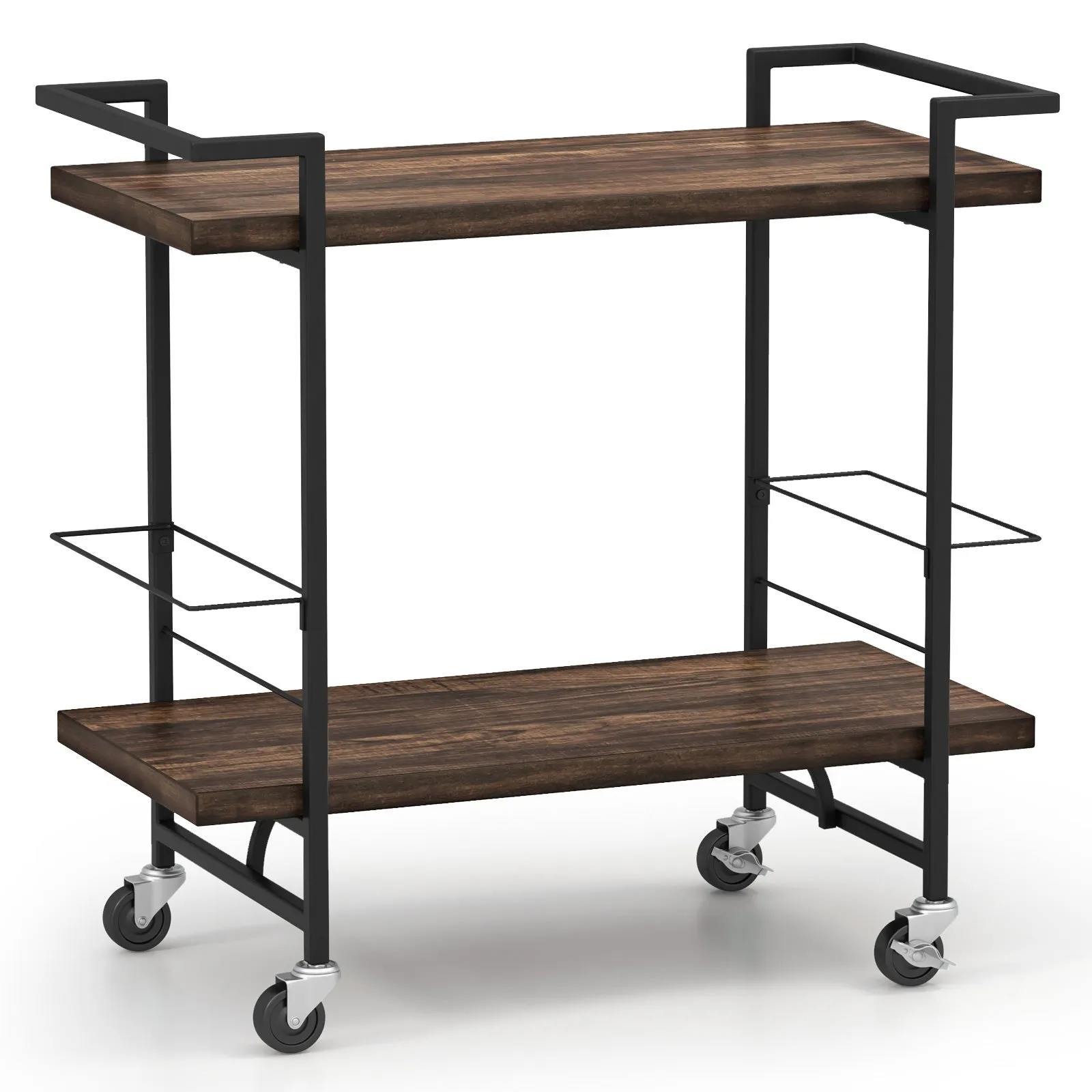 2-tier Home Bar Cart with Lockable Wheels and Guardrail-Rustic Brown