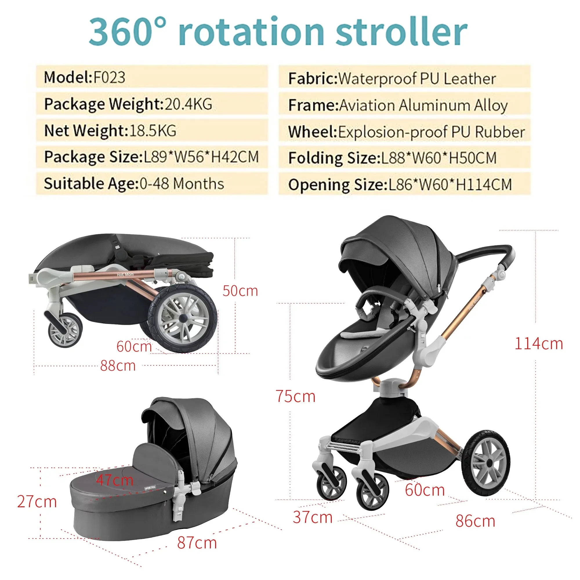 360 Rotate Baby Stroller 2 in 1 ,Reversible Travel System ,Luxury Leather Pram,0-48 Months,Dark Grey