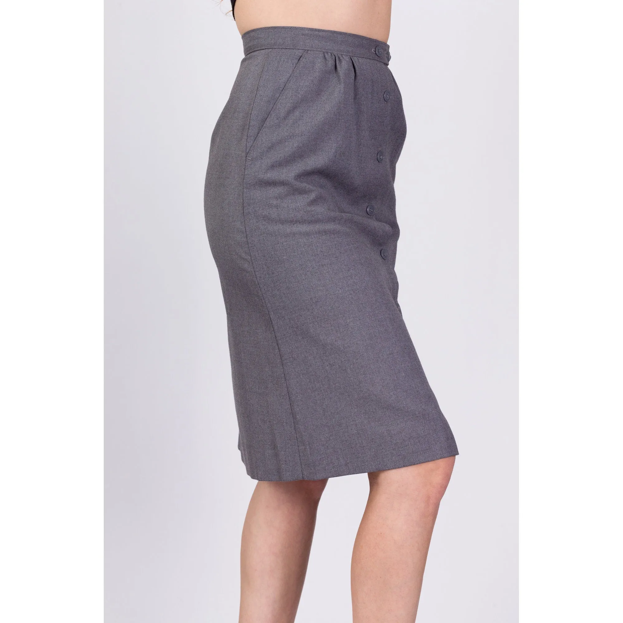 80s Grey Button Up Midi Skirt - XS to Small, 25"