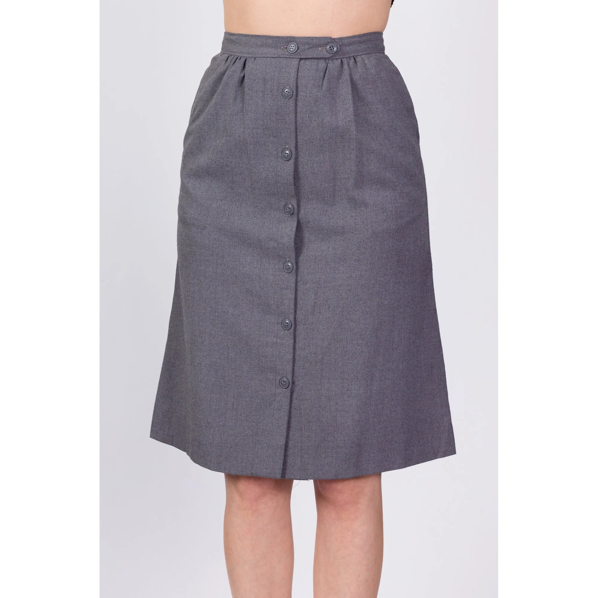 80s Grey Button Up Midi Skirt - XS to Small, 25"