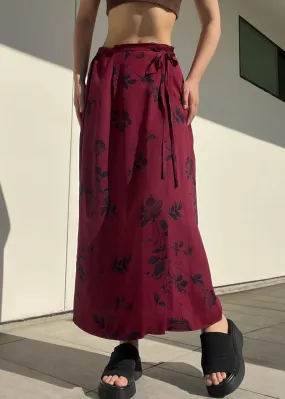 90’s Burgundy Floral Maxi Wrap Skirt (28”)