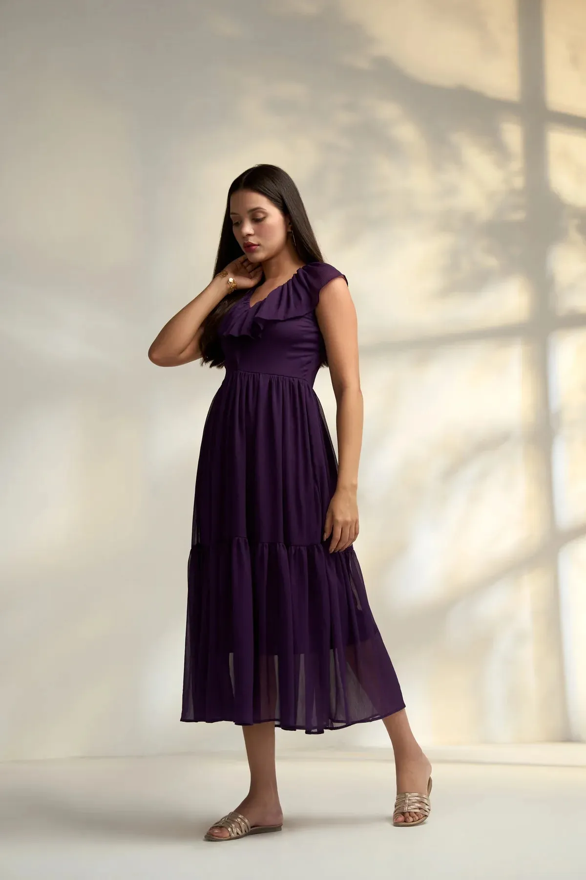 A-line Georgette sleeveless Purple Midi Dress