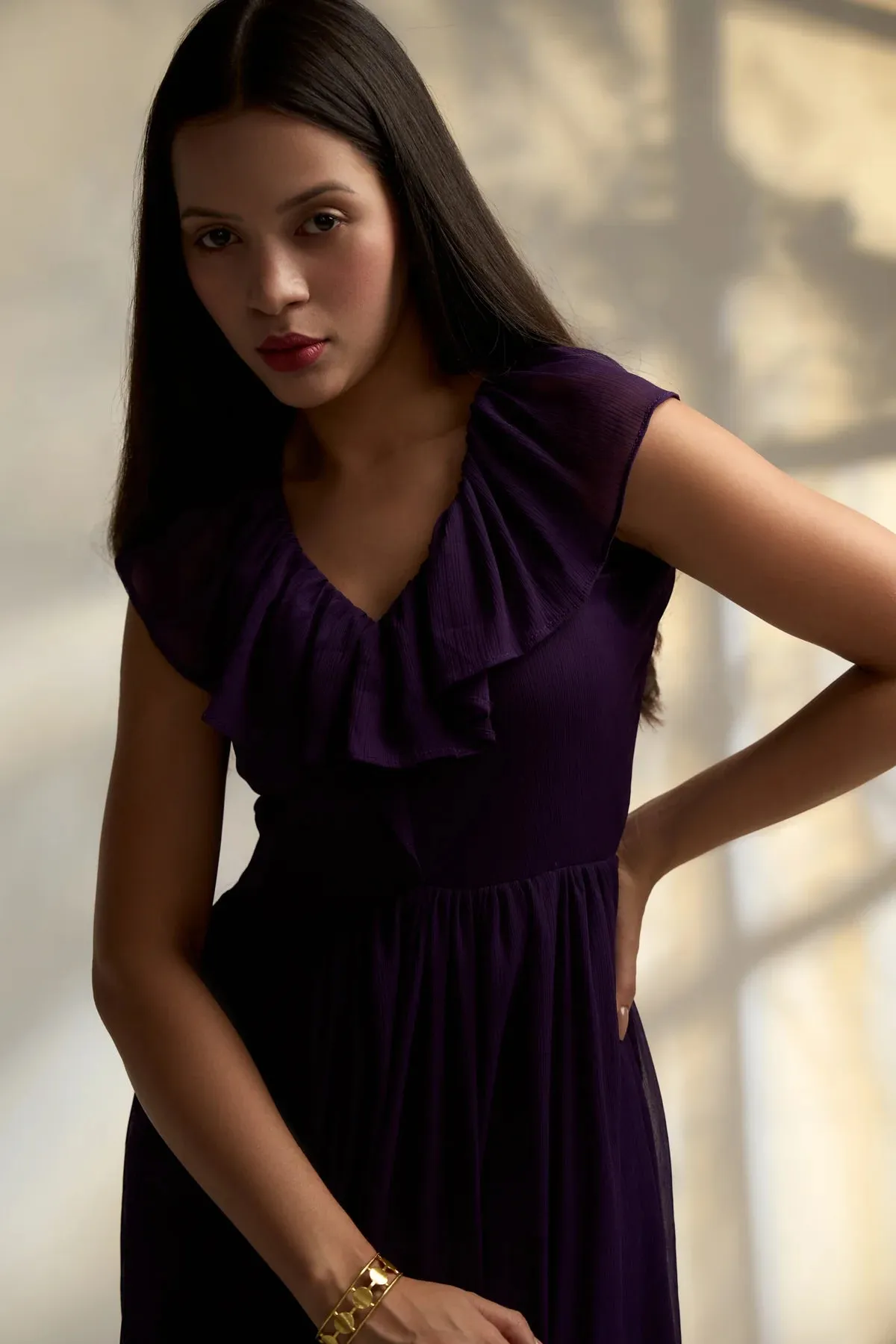 A-line Georgette sleeveless Purple Midi Dress