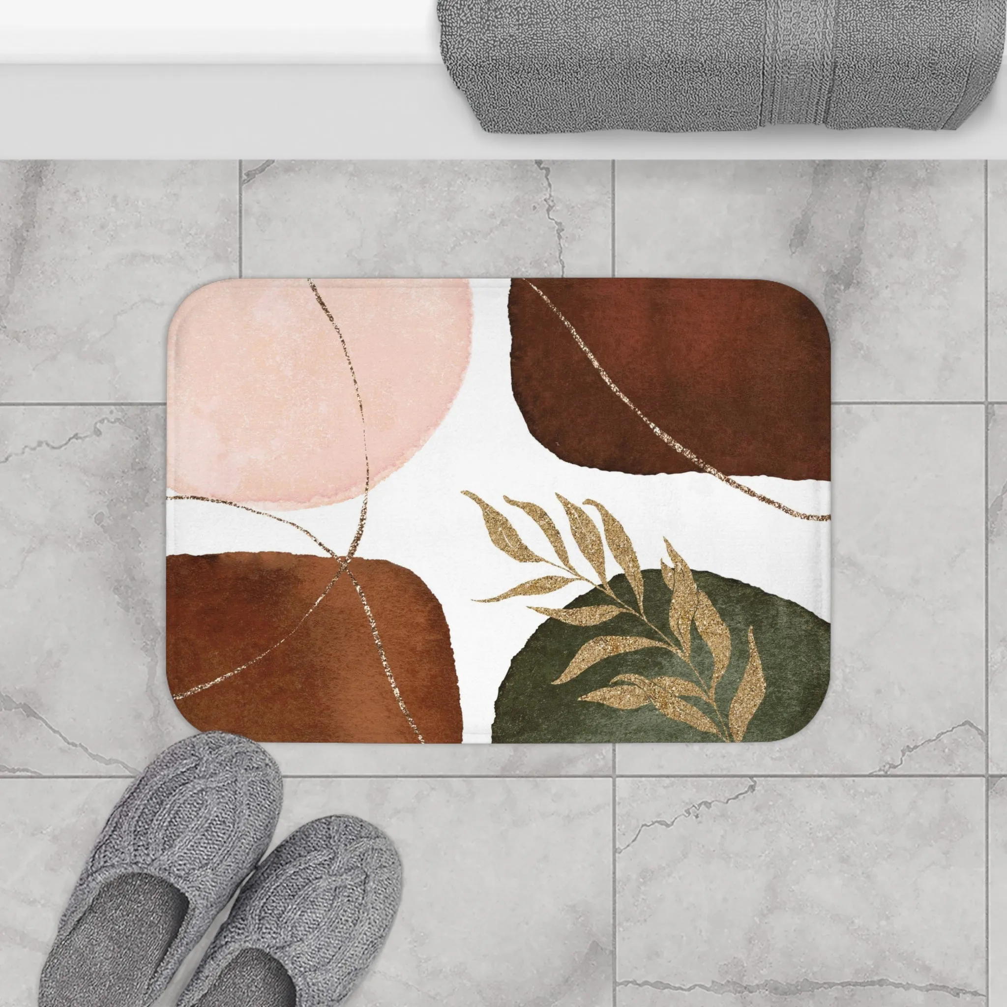 Abstract Bath Mat | Blush Pink, Rust Brown, Green Beige Floral