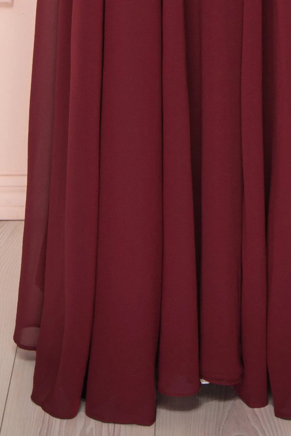 Aelis Burgundy | Pleated Plunging V-Neckline Gown