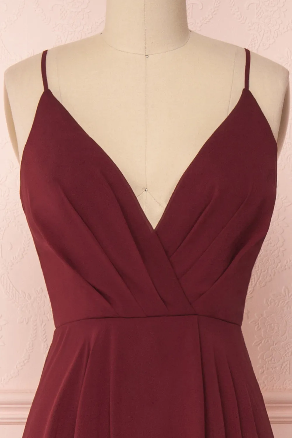 Aelis Burgundy | Pleated Plunging V-Neckline Gown