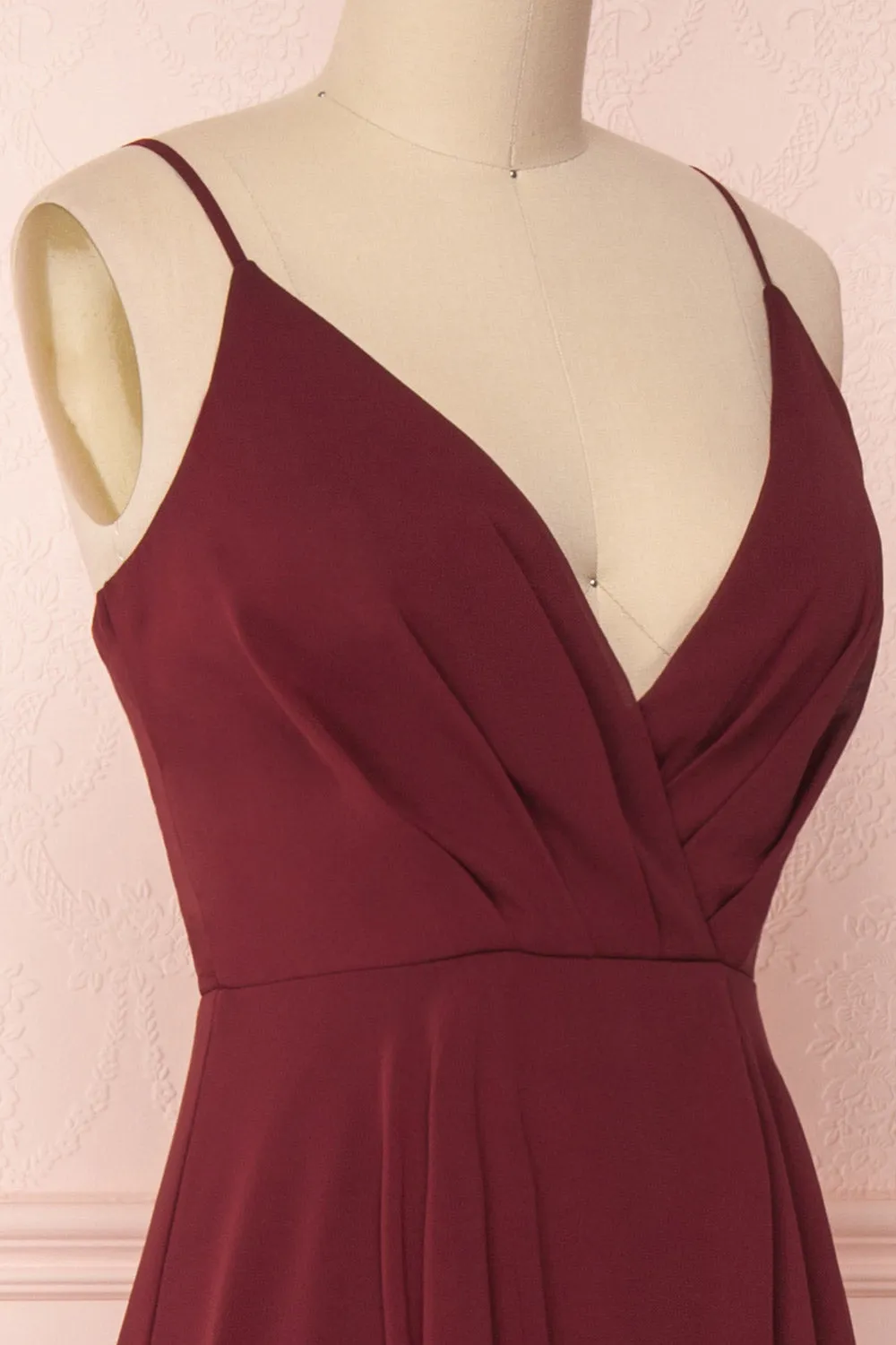 Aelis Burgundy | Pleated Plunging V-Neckline Gown