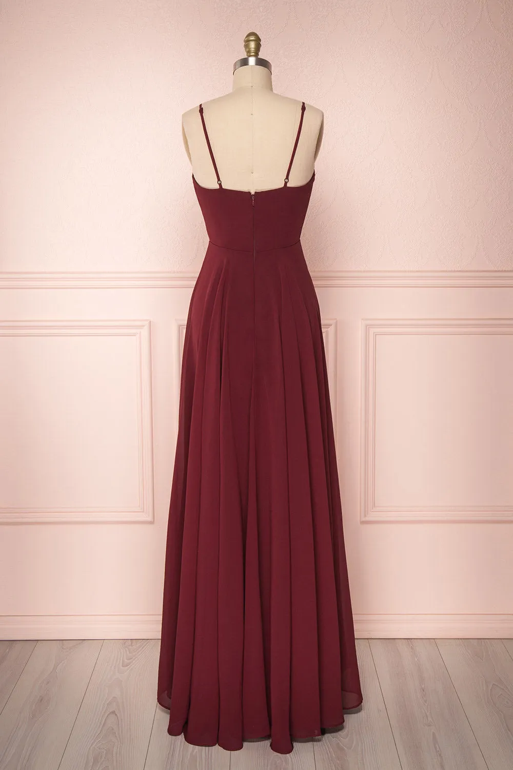 Aelis Burgundy | Pleated Plunging V-Neckline Gown