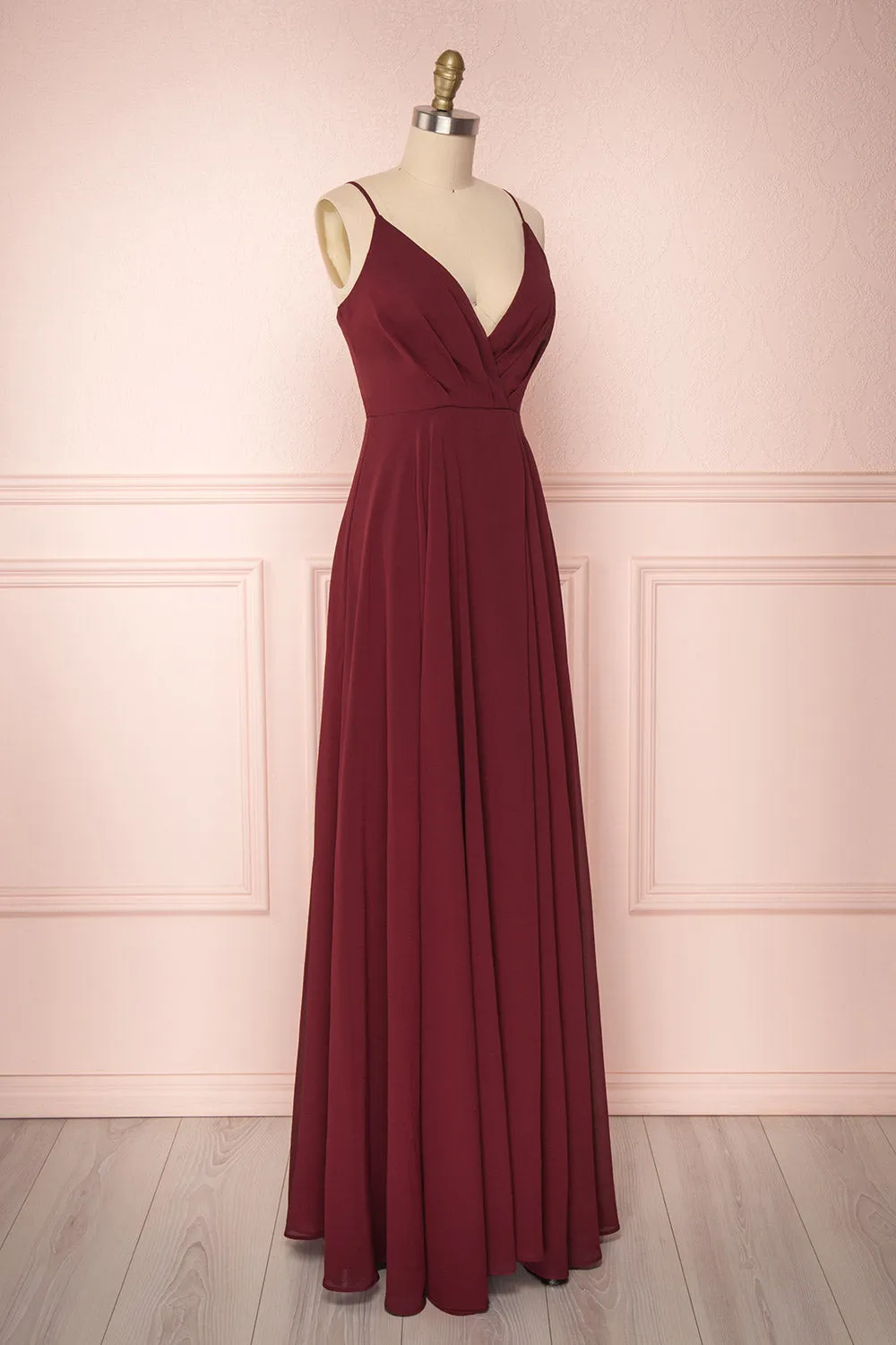 Aelis Burgundy | Pleated Plunging V-Neckline Gown