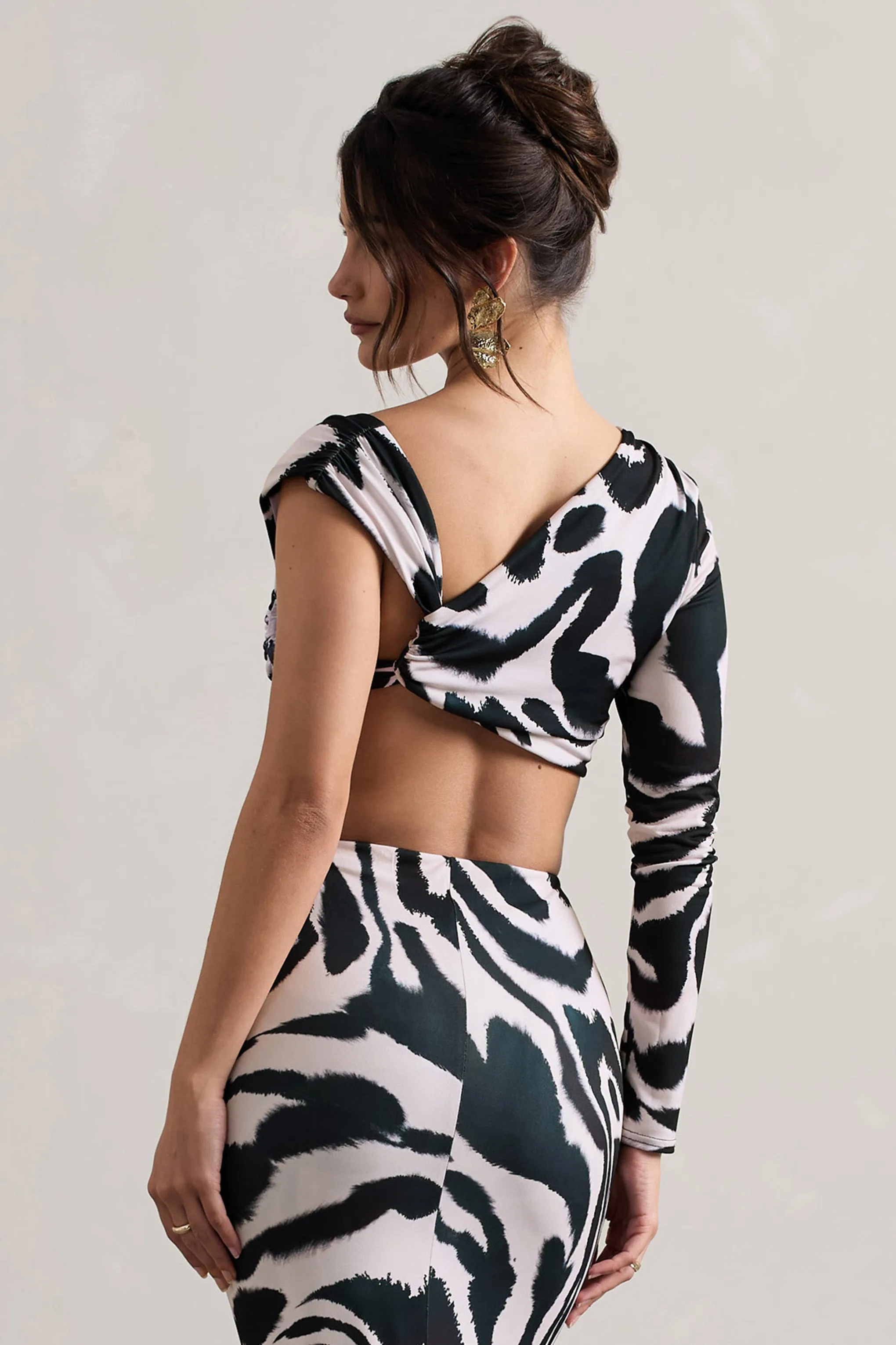 Agalia | Zebra Print Ruched Asymmetric One-Sleeve Crop Top