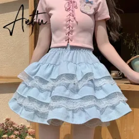 Aiertu Kawaii Lolita Skirt Women Cutecore High Waist A-line Lace Patchwork Cute Layered Ruffles Mini Skirt Summer Soft Girl