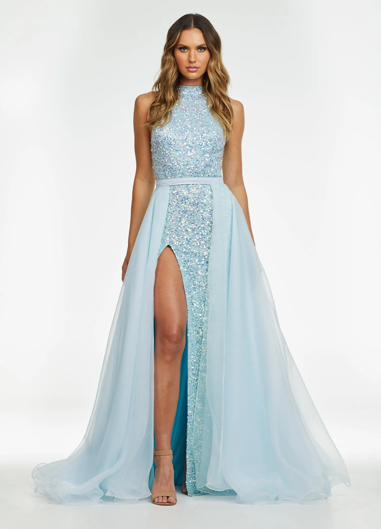 Ashley Lauren 1740 Size 0 Light Blue Long Organza Pageant Overskirt Wire Hem Layered Train Detachable