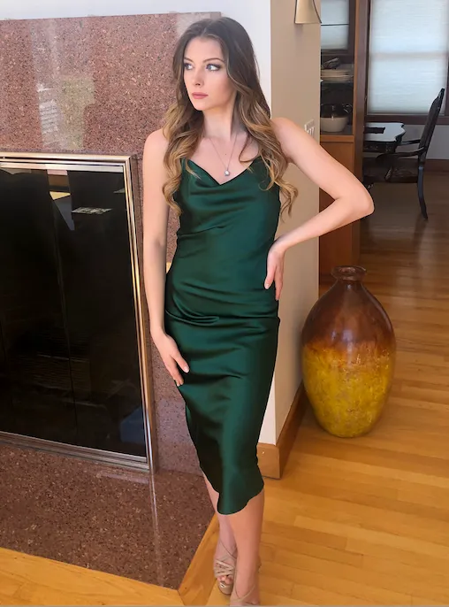 Aspen Midi Dress - Emerald Green Satin