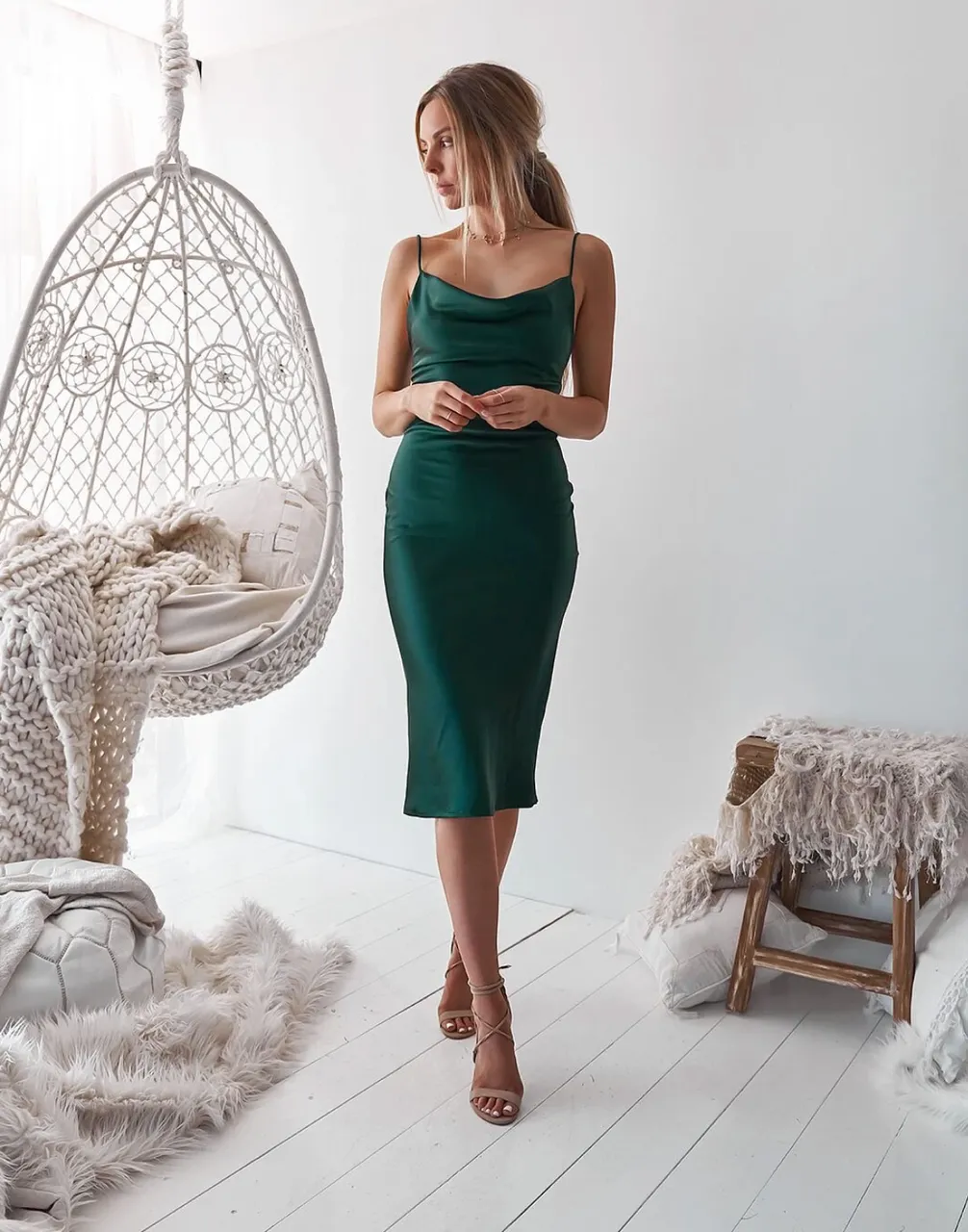 Aspen Midi Dress - Emerald Green Satin