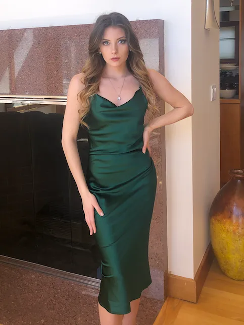 Aspen Midi Dress - Emerald Green Satin