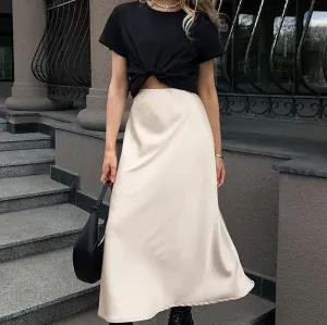 Autumn Imitation Acetate Satin A Swing High Waist Skirt Women Commuting Wear Long Skirt