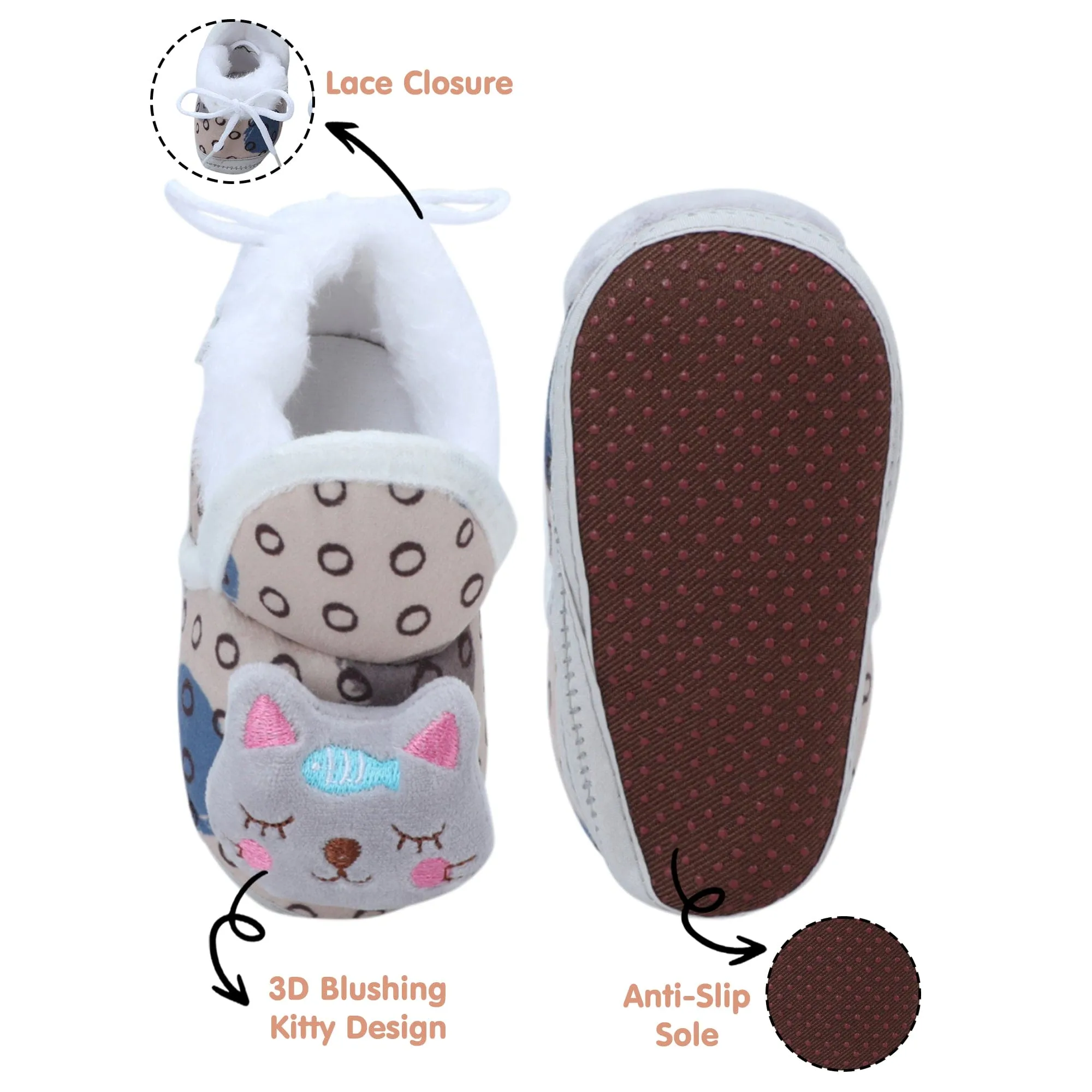 Baby Moo 3D Blushing Kitty Soft Slip-On Anti-Skid Plush Warm Booties - Beige