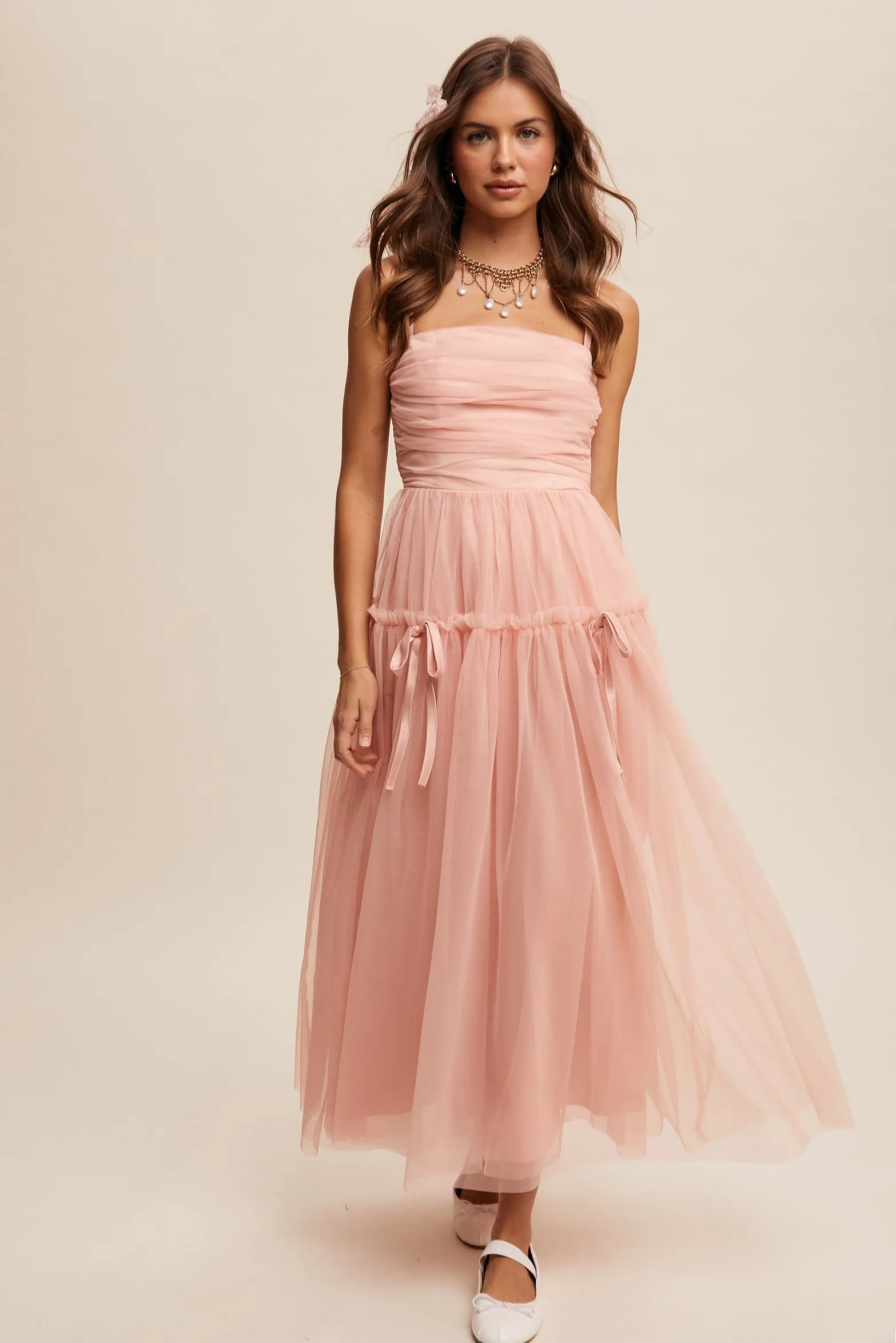 Baby Rose Ruched Mesh Bow Detail Maxi Dress