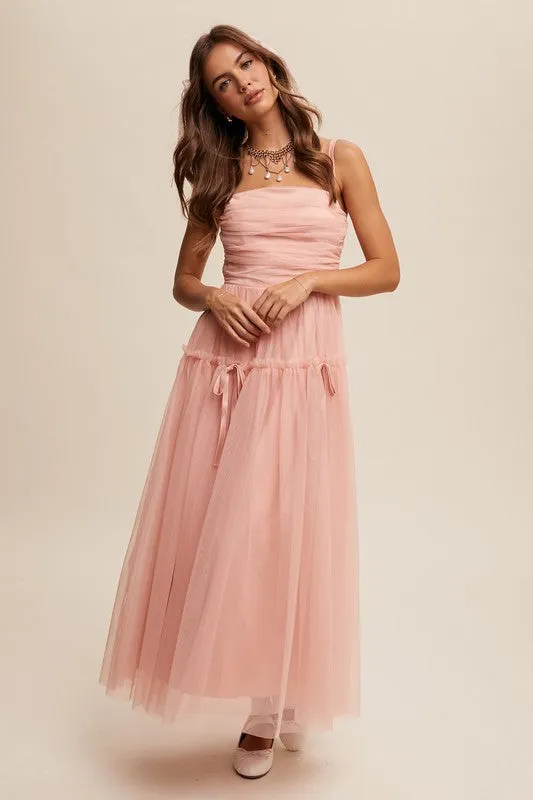 Baby Rose Ruched Mesh Bow Detail Maxi Dress