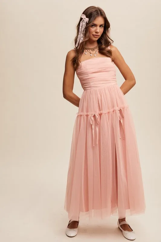 Baby Rose Ruched Mesh Bow Detail Maxi Dress