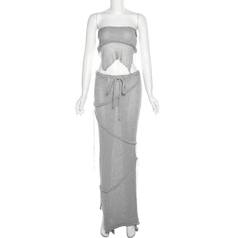 Backless self tie slit solid tube knitted maxi skirt set