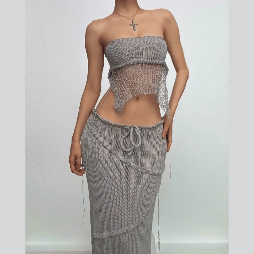 Backless self tie slit solid tube knitted maxi skirt set