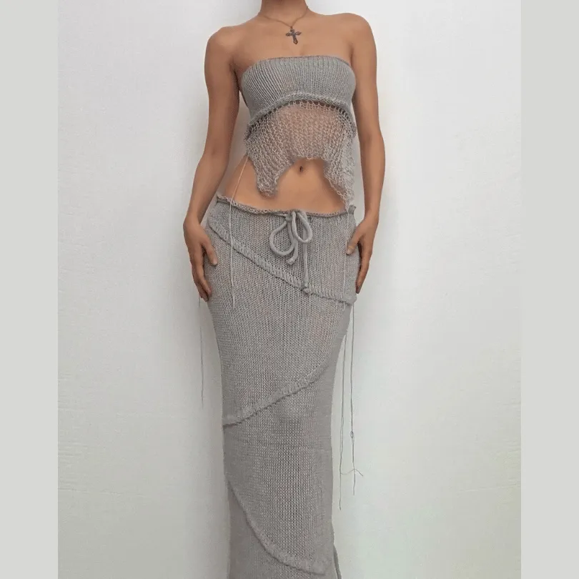 Backless self tie slit solid tube knitted maxi skirt set