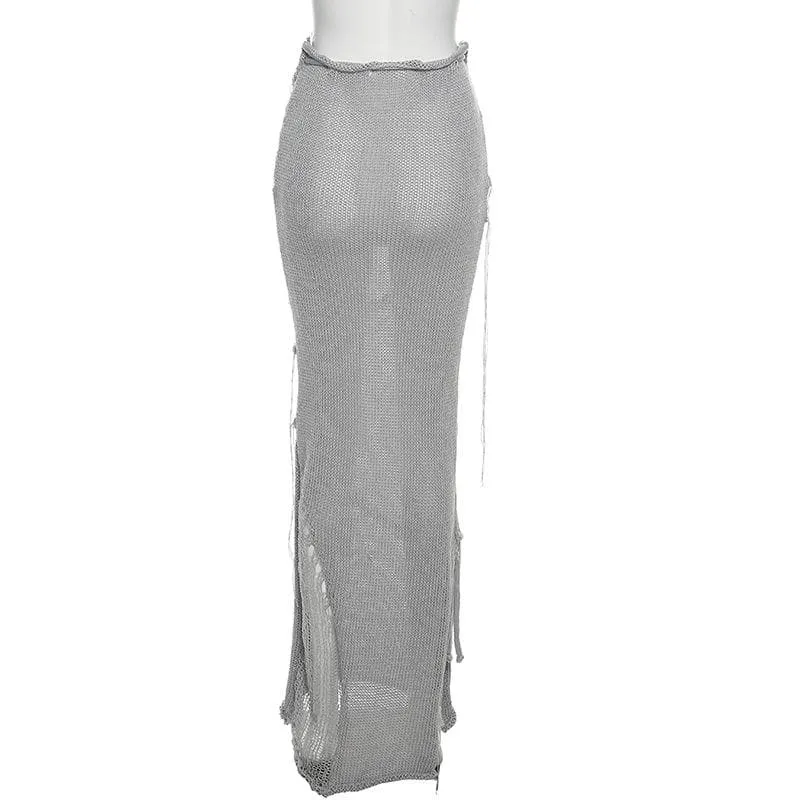 Backless self tie slit solid tube knitted maxi skirt set