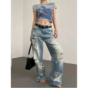 Baggy Denim Waist Vintage Fashion Leg Low Wide American Summer Blue Worn-out Jeans