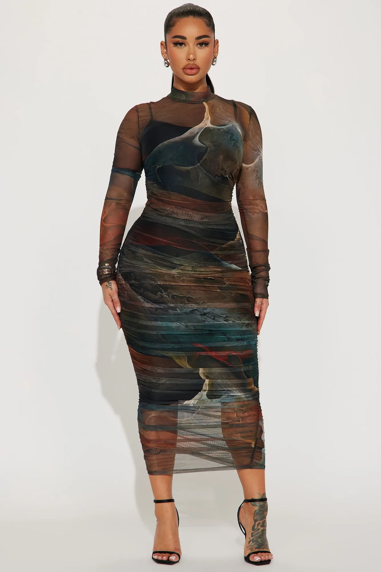 Bailey Mesh Midi Dress - Brown Combo