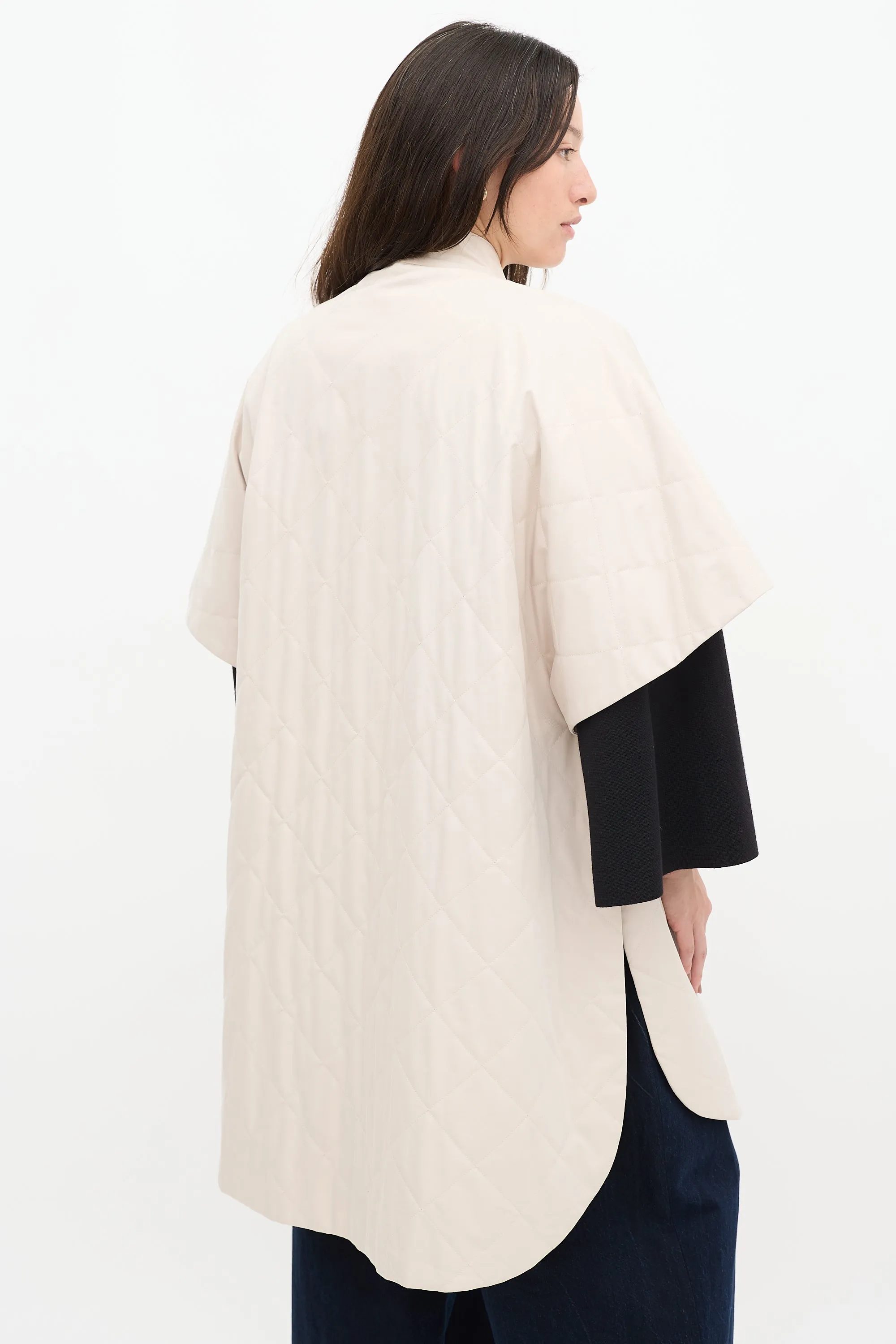 Beige & Black Quilted Logo Poncho