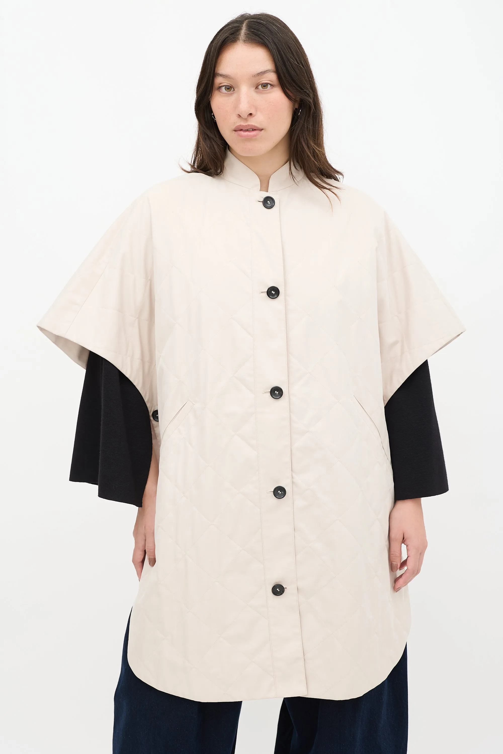 Beige & Black Quilted Logo Poncho