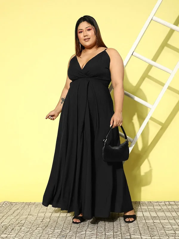 Berrylush Women Plus Size Solid Black V-Neck Sleeveless Crepe Thigh-High Slit Flared Maxi Dress