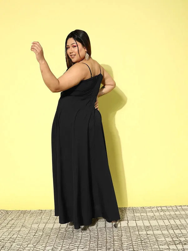 Berrylush Women Plus Size Solid Black V-Neck Sleeveless Crepe Thigh-High Slit Flared Maxi Dress