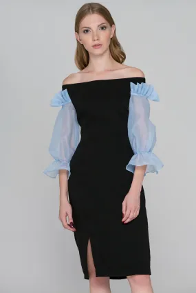 Black and Blue Sheer Ruffle Sleeve Midi Dress