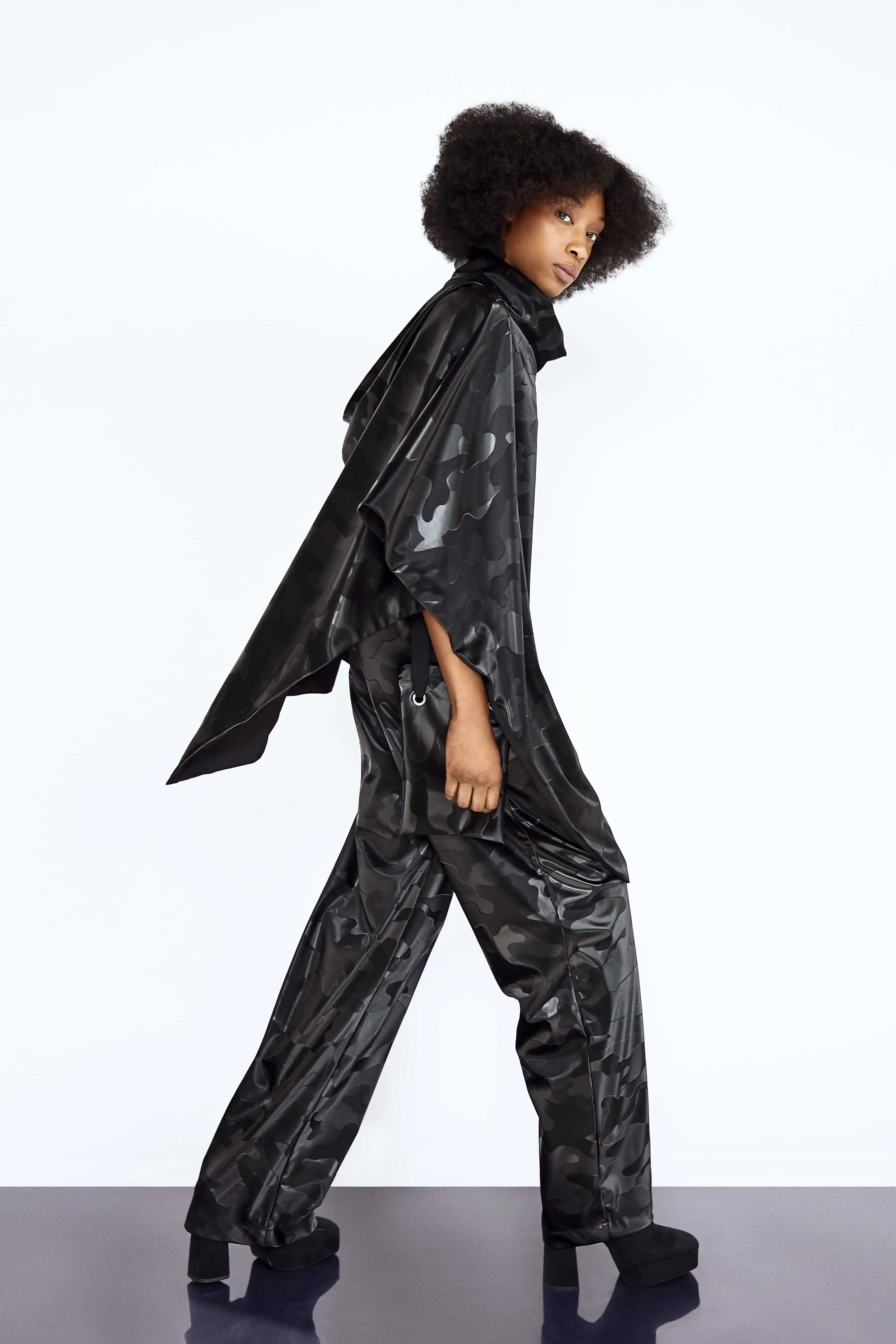 Black Camo Vegan Leather Poncho and Trousers Set