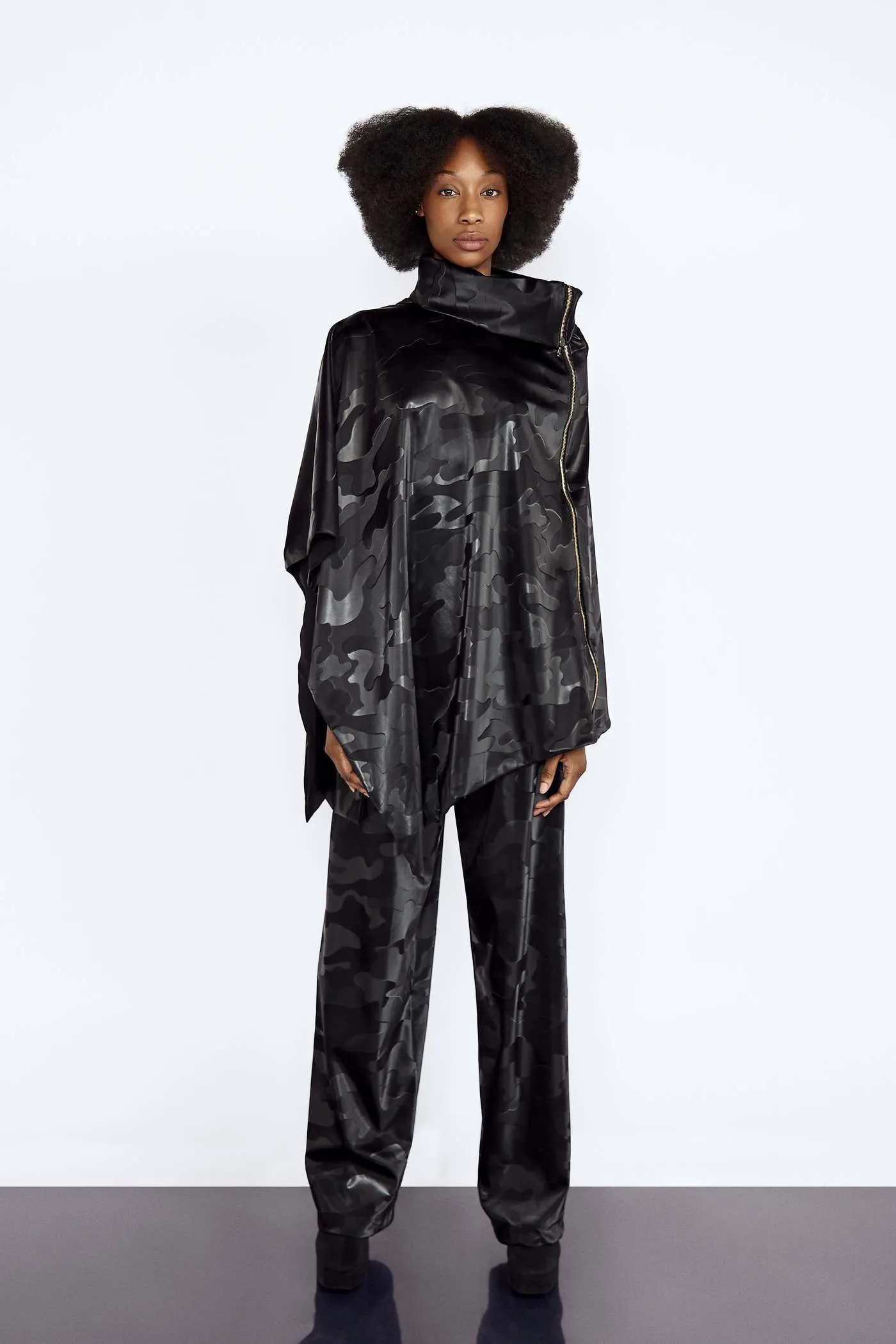 Black Camo Vegan Leather Poncho and Trousers Set