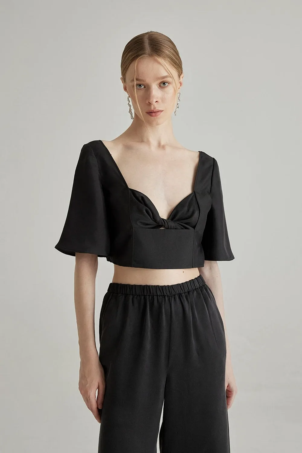 Black Flared Mid Sleeve Midriff Top