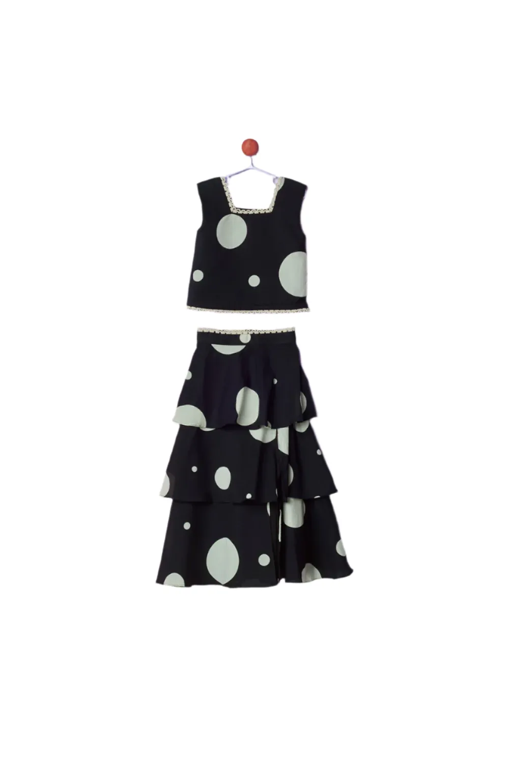 Black Polka Georgette Tube Style Top With Layered Skirt Set