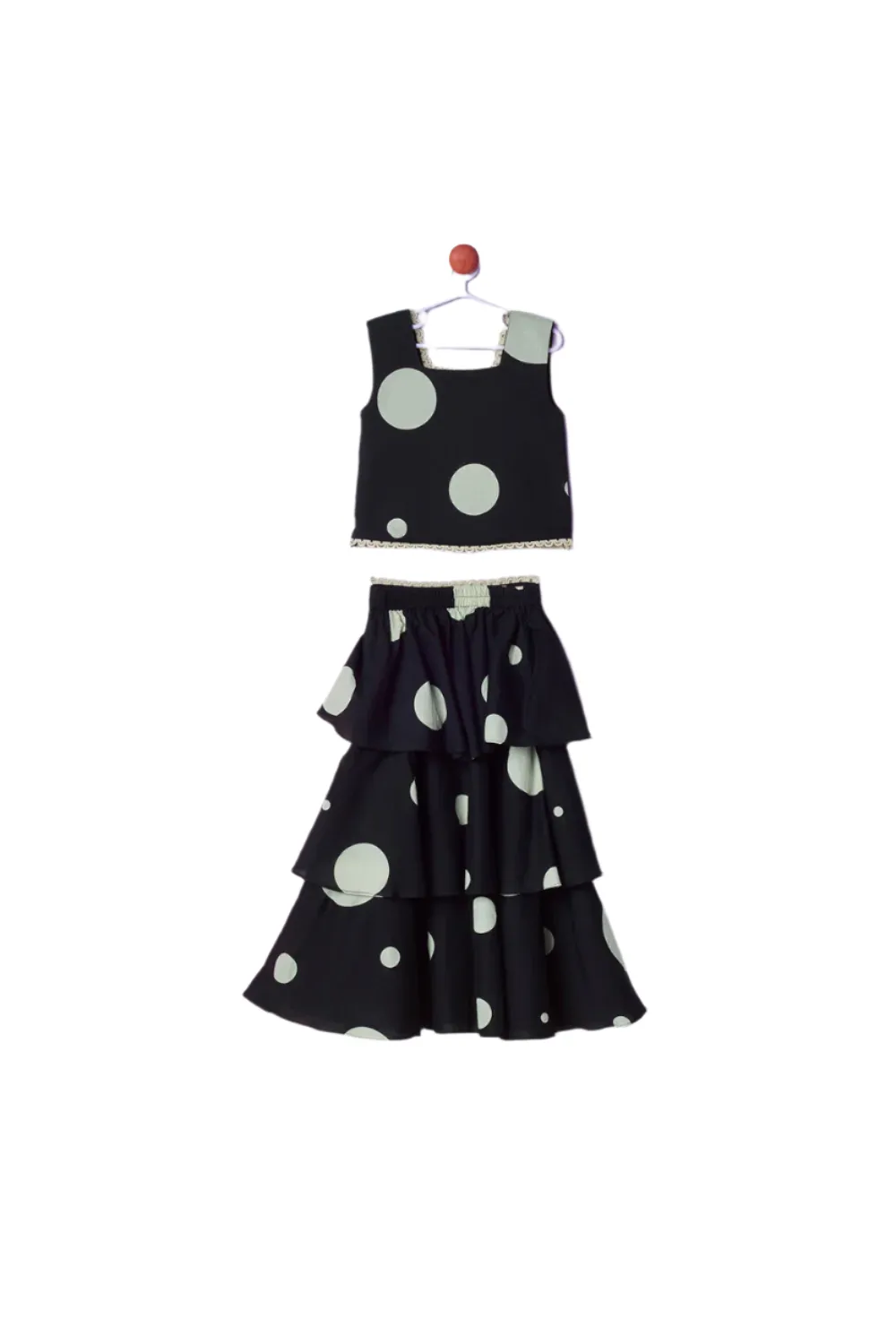 Black Polka Georgette Tube Style Top With Layered Skirt Set