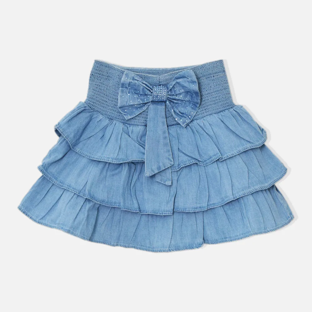 Blue Bow Embellished Layered Denim Skirt