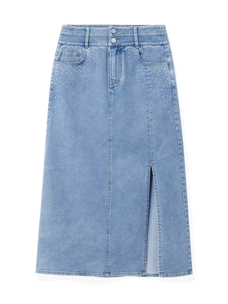 Blue High Waist Slit Midi Denim Skirt