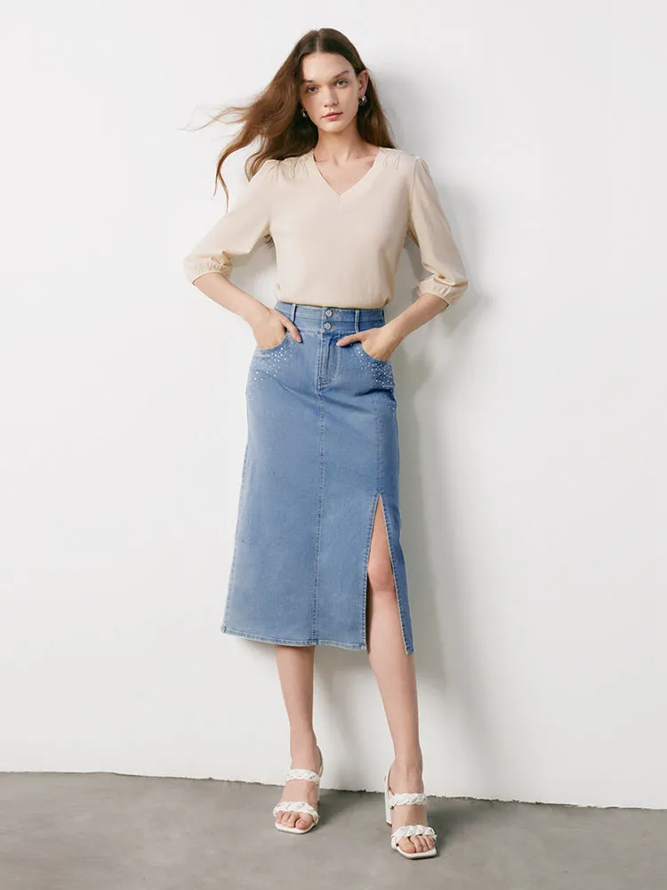 Blue High Waist Slit Midi Denim Skirt