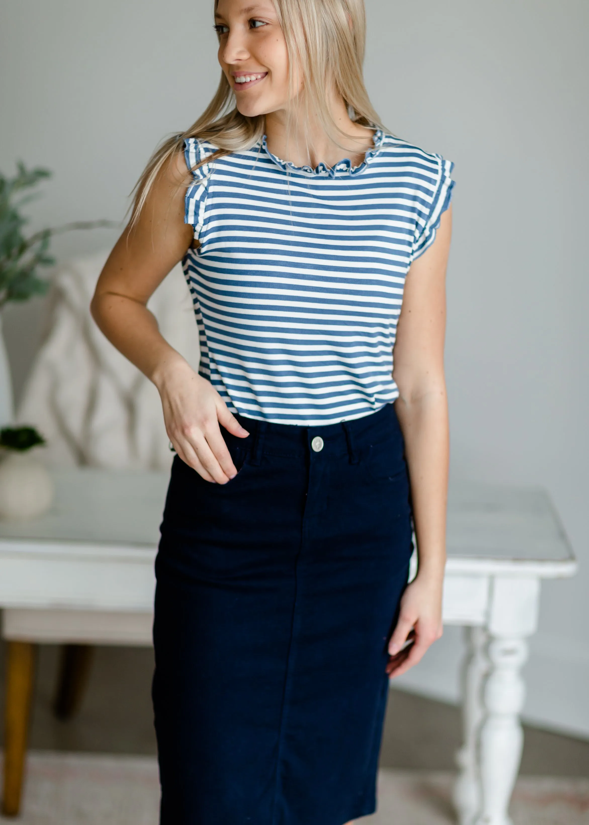 Blue Ruffle Neck Striped Tank